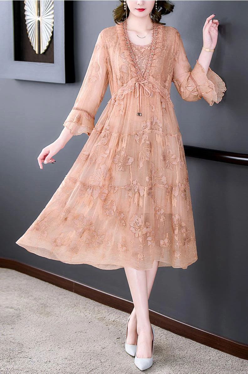 2022 New Spring Summer Women Mulberry Silk Dresses Vintage Mesh Floral Embroidery Dress Elegant A Line Bodycon Party Vestidos